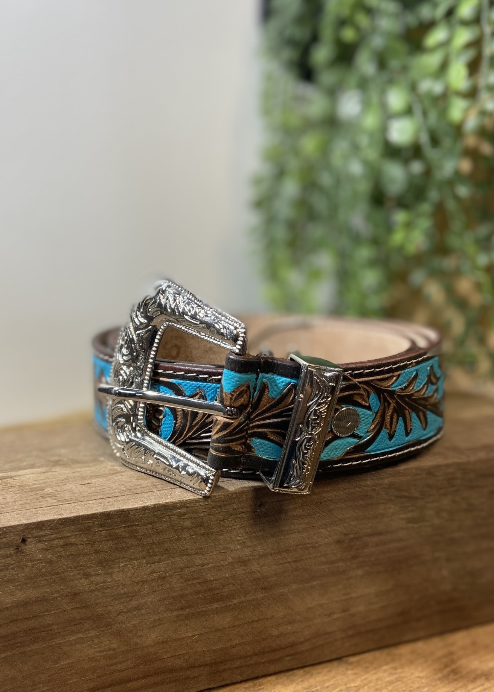 Myra Checkered Brown Hand Tooled Leather Belt