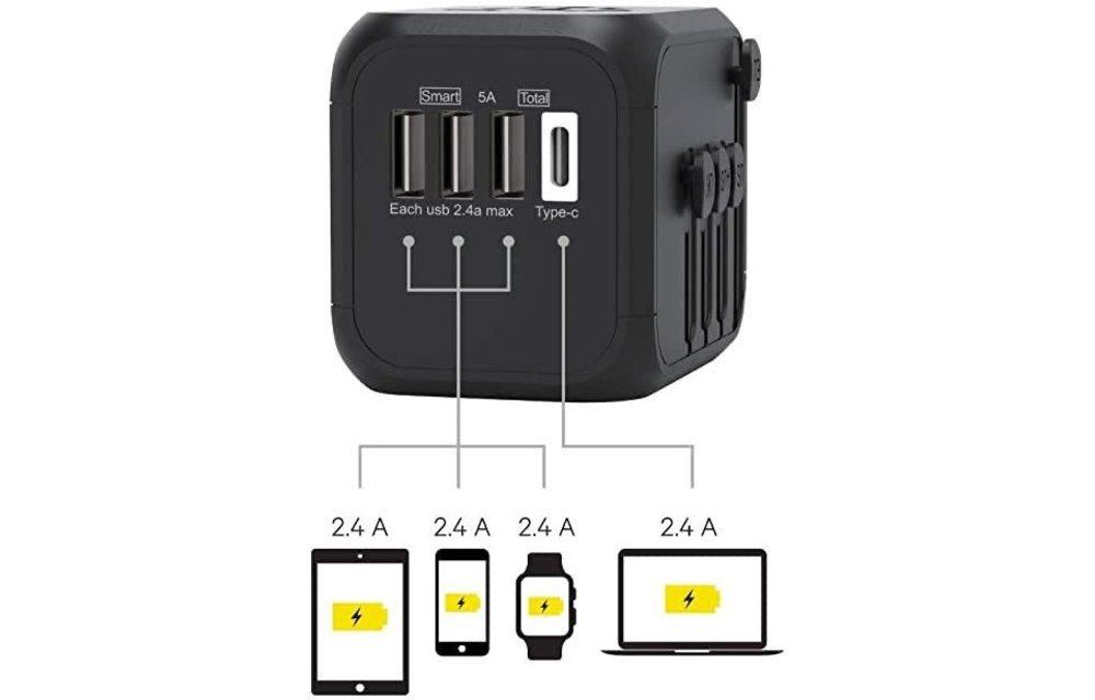 Kanex International Travel Power Adapter with 3 USB/1 USB-C ports - Black