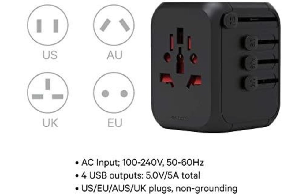 Kanex International Travel Power Adapter with 3 USB/1 USB-C ports - Black