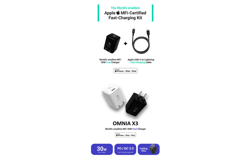 Adam Elements OMNIA X3 QC3.0 Fast Charging Kit USB to Lightning 30W - US - Black