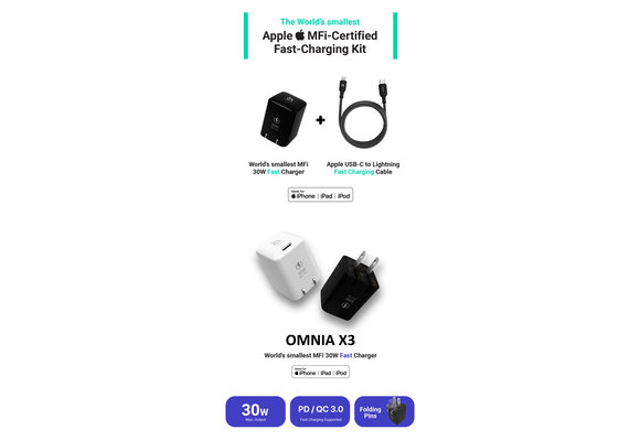 Adam Elements OMNIA X3 QC3.0 Fast Charging Kit USB to Lightning 30W - US - Black