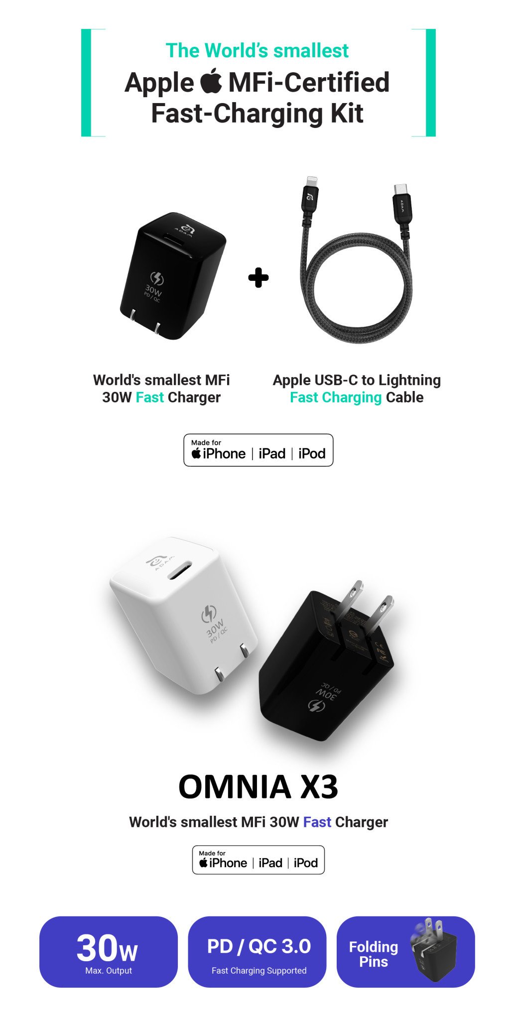 Adam Elements OMNIA X3 QC3.0 Fast Charging Kit USB to Lightning 30W - US - Black