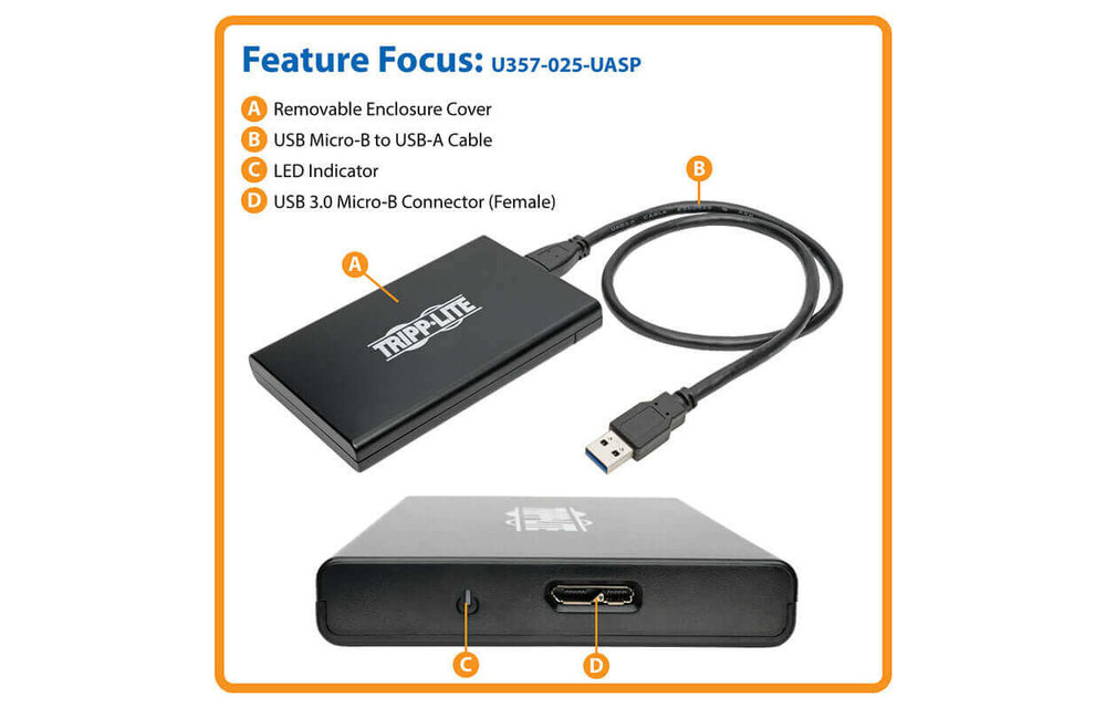 Tripp Lite USB 3.0 SuperSpeed External 2.5 in. SATA Hard Drive Enclosure with Built-In Cable and UASP Support