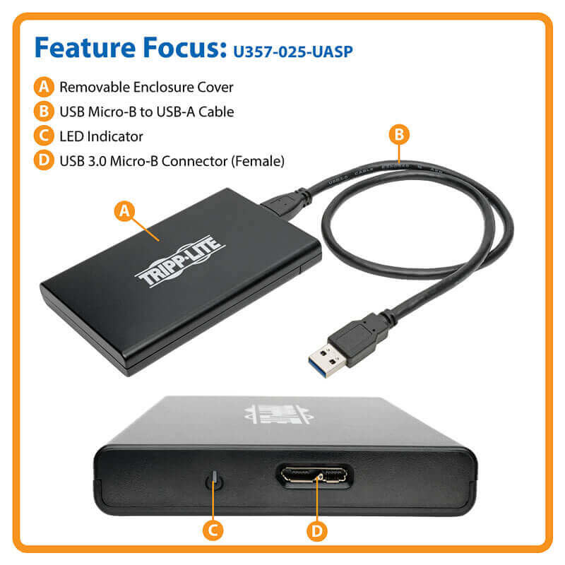 Tripp Lite USB 3.0 SuperSpeed External 2.5 in. SATA Hard Drive Enclosure with Built-In Cable and UASP Support
