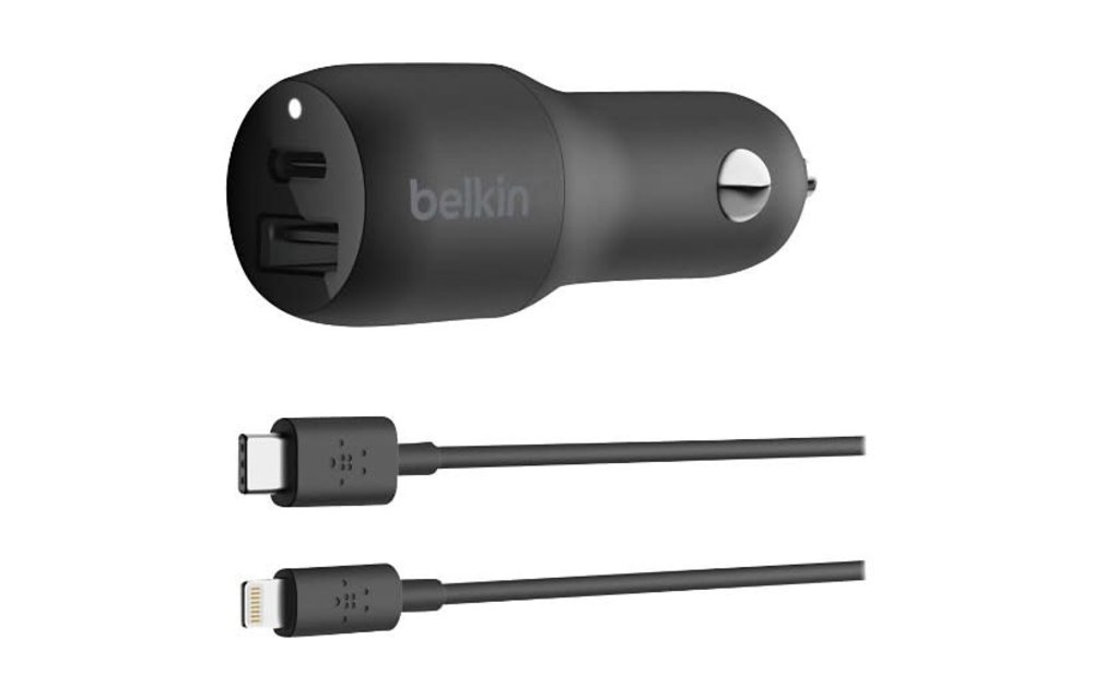 Belkin BOOST CHARGE Car Charger Dual Port (1 x 20w USB-C, 1 x 12w USB-A) with USB-C to Lightning Connector Cable 4ft