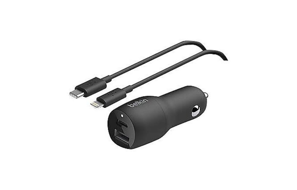 Belkin BOOST CHARGE Car Charger Dual Port (1 x 20w USB-C, 1 x 12w USB-A) with USB-C to Lightning Connector Cable 4ft