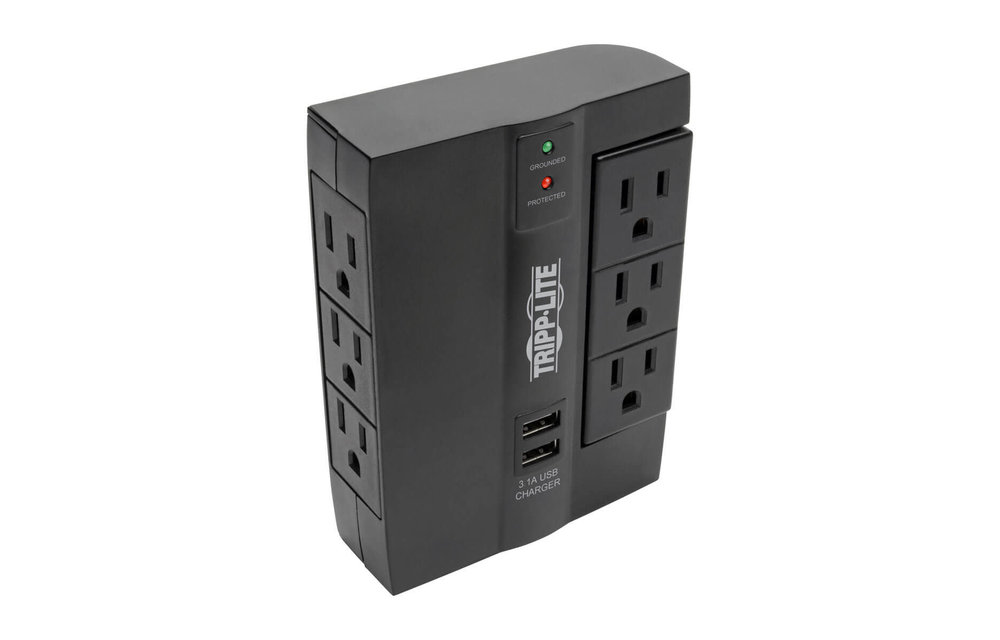 Tripp Lite Protect It! 6-Outlet Surge Protector with 3 Rotatable Outlets – Direct Plug-In, 1200 Joules, 2 USB Ports