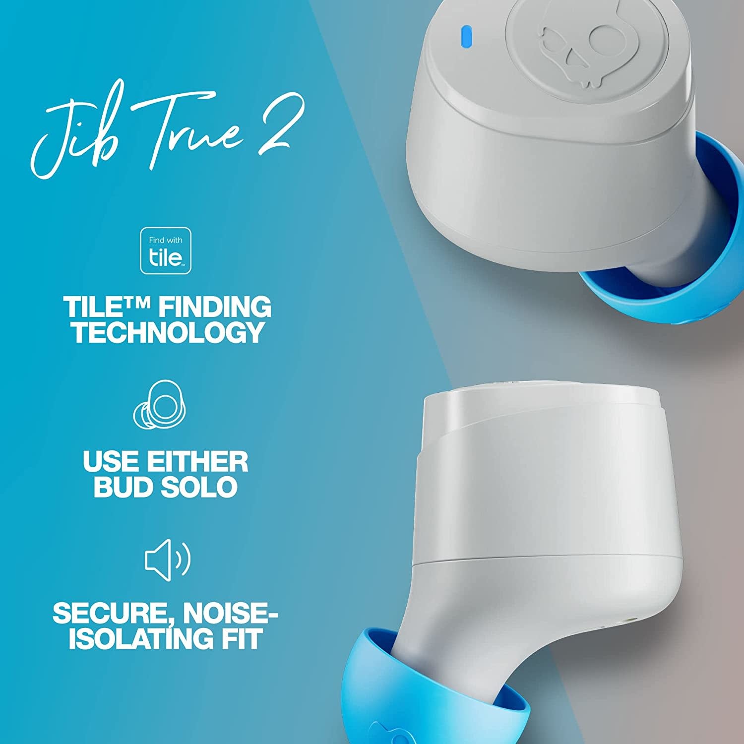 Skullcandy Jib True 2 Wireless in-Ear Earbuds - Light Grey/Blue (No returns once opened for In-Ear devices)