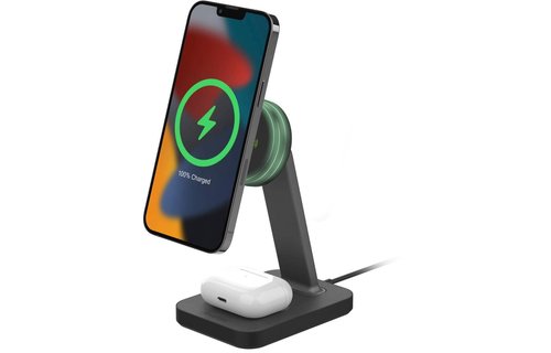 Mophie Snap+ Dual Wireless Charging 15w Stand & Pad w/Magsafe Compatibity Black (Must have Magsafe Case for Phone)