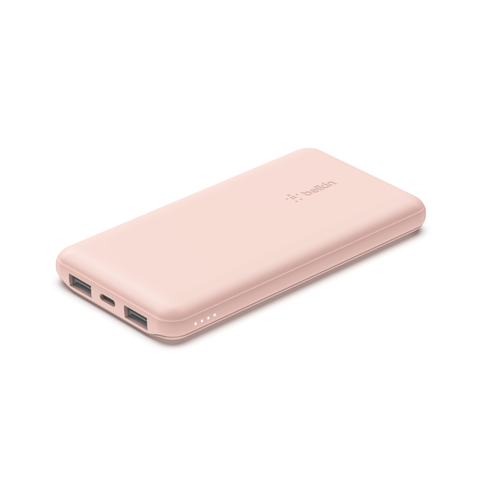 Belkin BOOST↑CHARGE™ Multi-Port Power Bank (2 x USB-A, 1 x USB-C) w/ USB-A to USB-C cable) 10,000 mAh 15w, Rose)