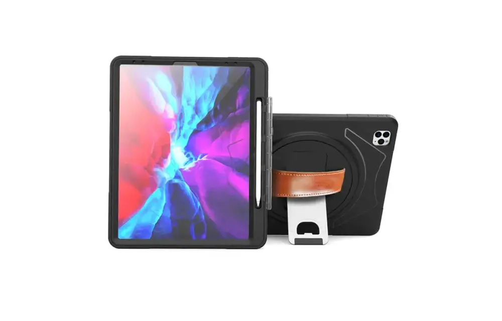 Trent Glada Rugged iPad case for iPad Pro 12.9” (6th, 5th & 4th gen) - Black with leather strap & pencil holder