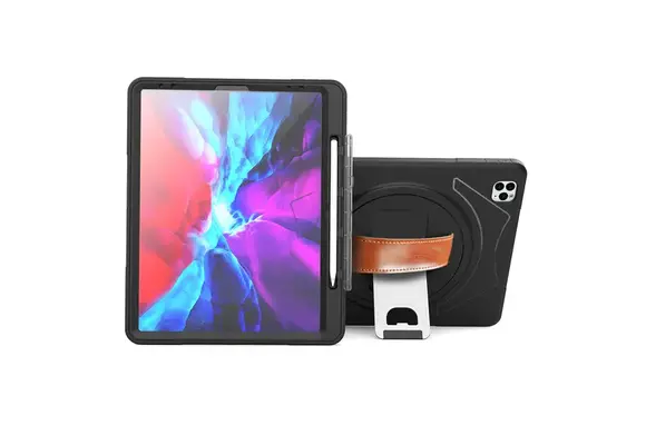 Trent Glada Rugged iPad case for iPad Pro 12.9” (6th, 5th & 4th gen) - Black with leather strap & pencil holder