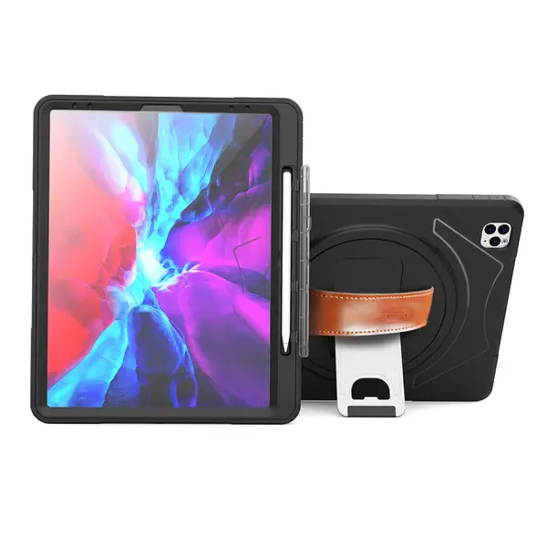 Trent Glada Rugged iPad case for iPad Pro 12.9” (6th, 5th & 4th gen) - Black with leather strap & pencil holder