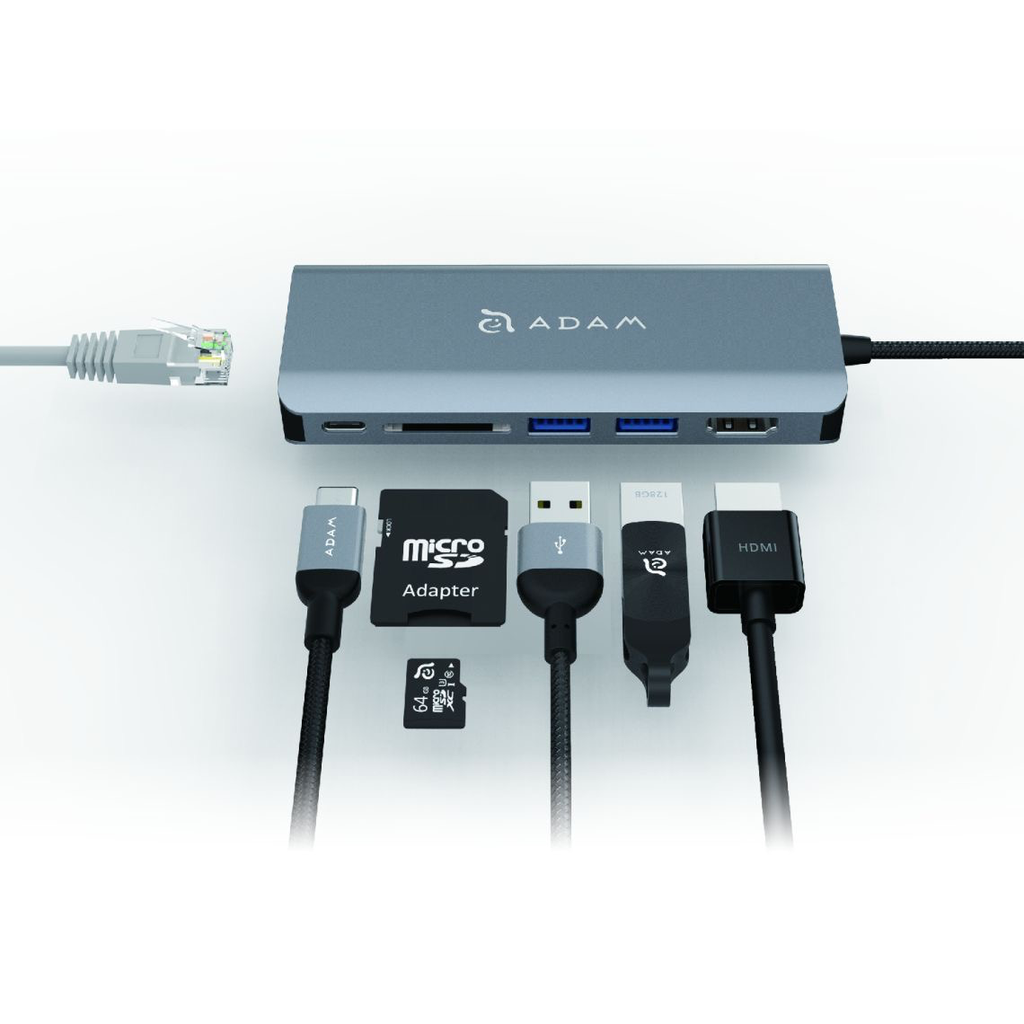 Adam Elements CASA Hub A01 6-in-1 USB-C Hub - Ethernet, HDMI, 2 USB-AI, SD Card Reader/USB-C 100w pass through- Gray WSL