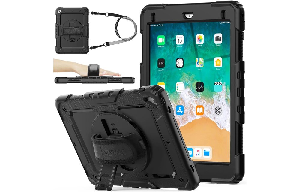 SEYMAC Pad case for iPad 9.7” 6/5 gen/Pro 9.7/Air/Air2 - Black with leather strap WHILE SUPPLIES LAST