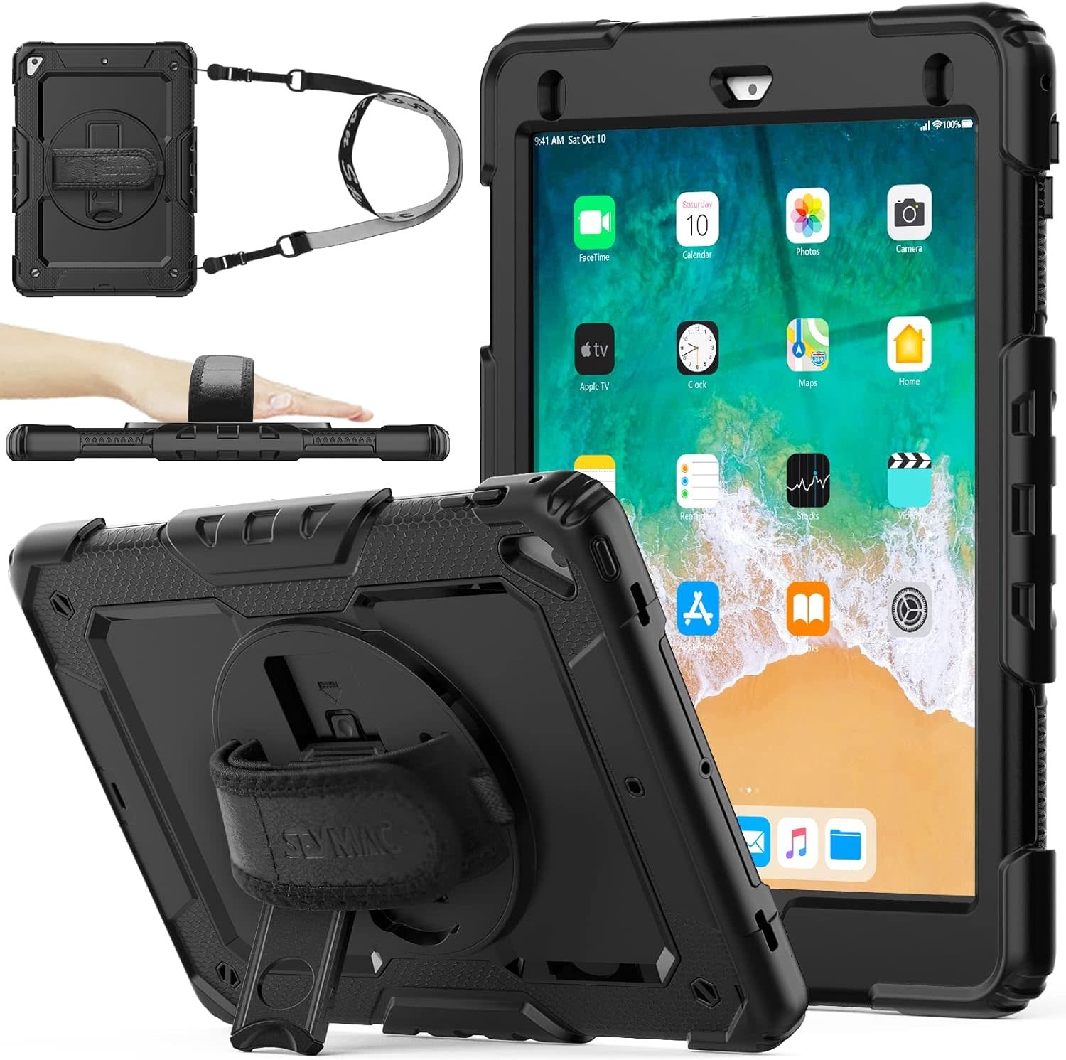 SEYMAC Pad case for iPad 9.7” 6/5 gen/Pro 9.7/Air/Air2 - Black with leather strap WHILE SUPPLIES LAST