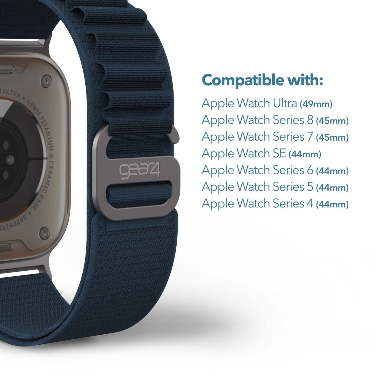 Gear4 Highland Adjustable Nylon Band for Apple Watch 44/45/46/49mm Medium) Blue