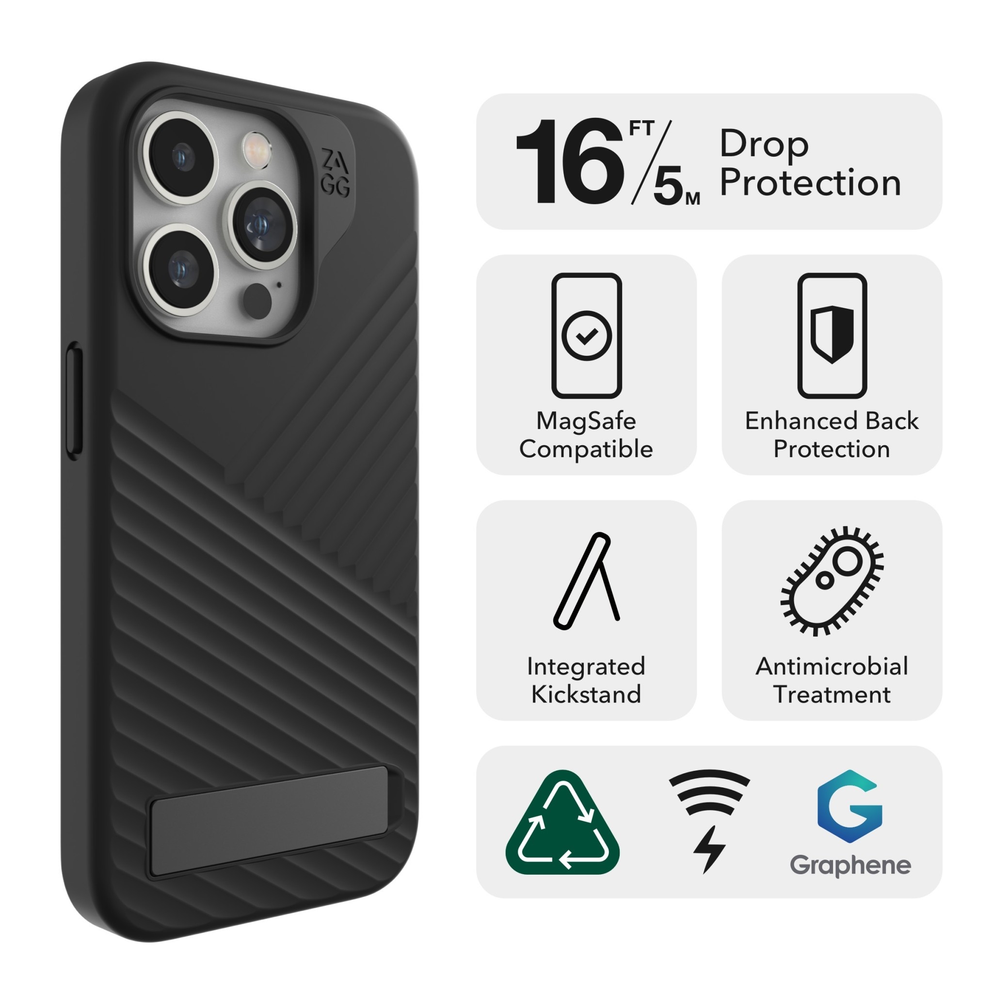 Zagg Denali Snap Case w/ Kickstand with Magsafe for iPhone 15 Pro Black