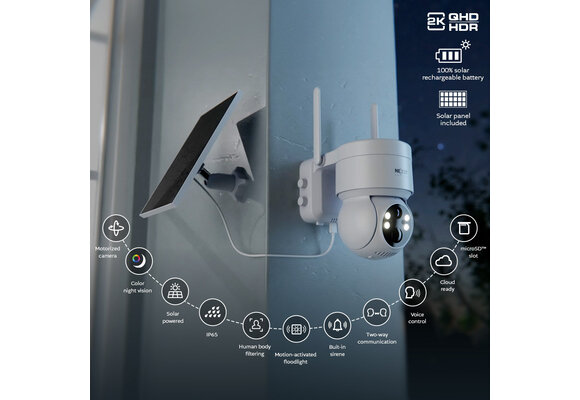 Nexxt Home - Outdoor PTZ battery Camera  2K with solar panel (microSD card not included)