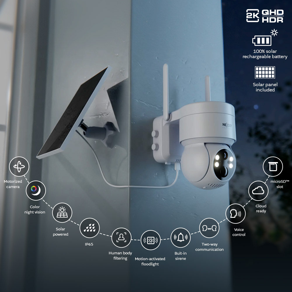 Nexxt Home - Outdoor PTZ battery Camera  2K with solar panel (microSD card not included)