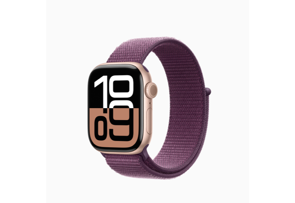 Apple FTZ Watch Series 10 (GPS, 42mm, Rose Gold Aluminum Case, Plum Sport Loop) (Band fits 130-200mm wrists) WSL