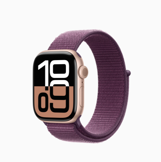 Apple FTZ Watch Series 10 (GPS, 42mm, Rose Gold Aluminum Case, Plum Sport Loop) (Band fits 130-200mm wrists) WSL