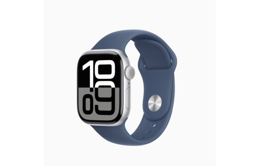 Apple FTZ Watch Series 10 (GPS, 42mm, Silver Aluminum Case, Denim Sport Band - S/M) (Band fits 140-190mm wrists) WSL