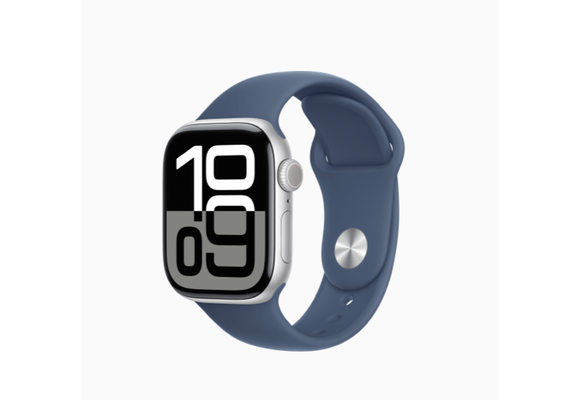 Apple FTZ Watch Series 10 (GPS, 42mm, Silver Aluminum Case, Denim Sport Band - S/M) (Band fits 140-190mm wrists) WSL