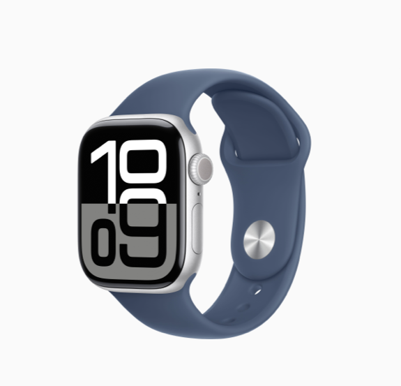 Apple FTZ Watch Series 10 (GPS, 42mm, Silver Aluminum Case, Denim Sport Band - S/M) (Band fits 140-190mm wrists) WSL