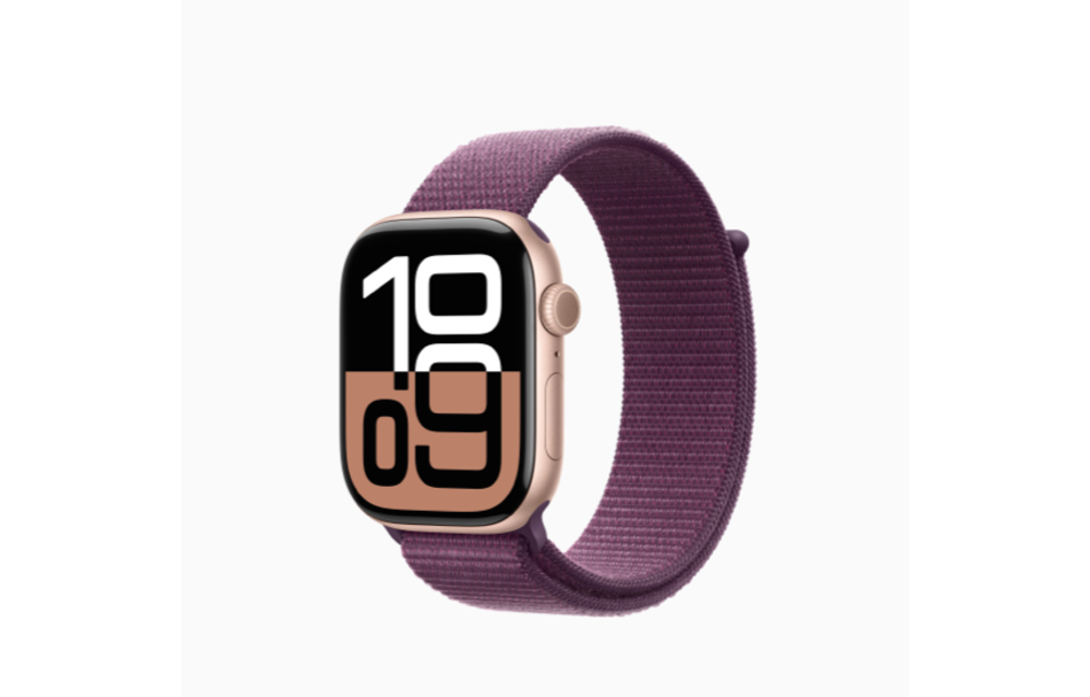 Apple FTZ Watch Series 10 (GPS, 46mm, Rose Gold Aluminum Case, Plum Sport Loop) (Band fits wrists 145-220mm). WSL