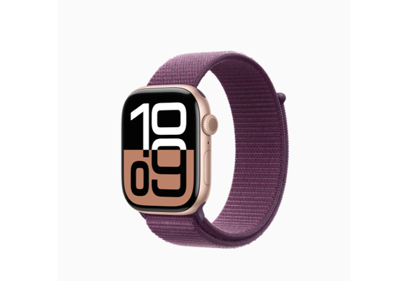 Apple FTZ Watch Series 10 (GPS, 46mm, Rose Gold Aluminum Case, Plum Sport Loop) (Band fits wrists 145-220mm). WSL