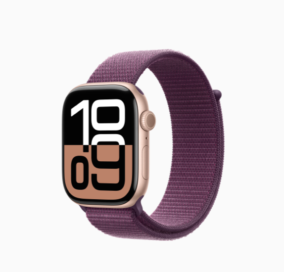 Apple FTZ Watch Series 10 (GPS, 46mm, Rose Gold Aluminum Case, Plum Sport Loop) (Band fits wrists 145-220mm). WSL