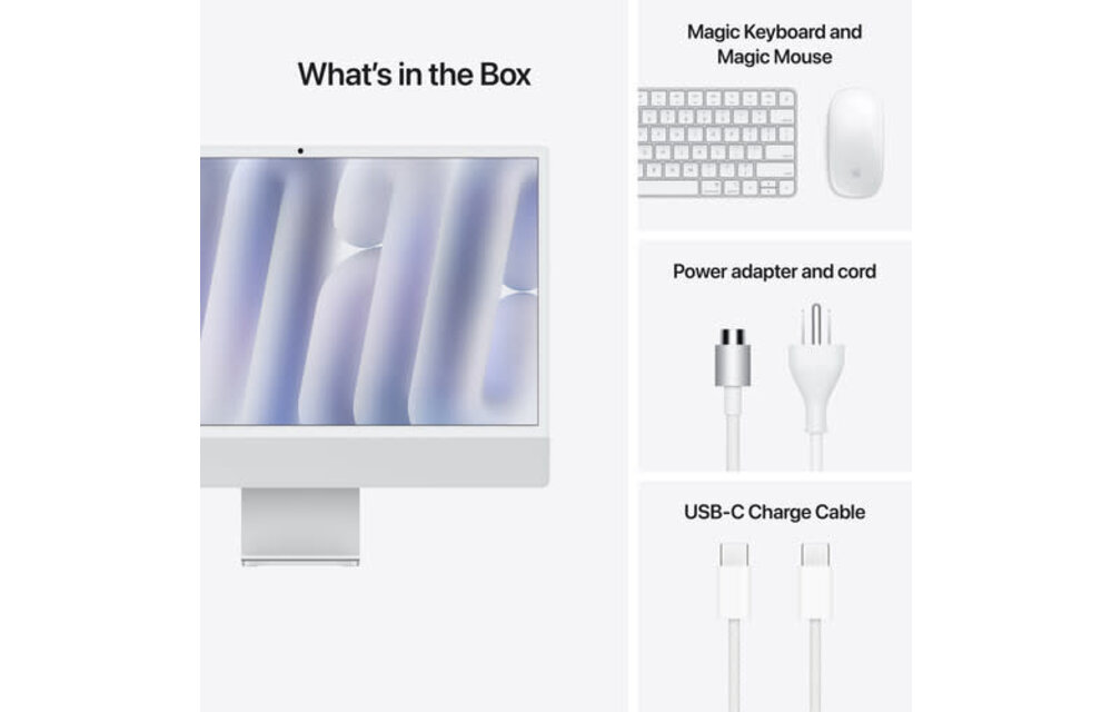 Apple | iMac | 24" | M4 10-Core CPU, 10-Core GPU | 24GB | 512GB | MAGIC MOUSE | MAGIC KEYBOARD | STANDARD GLASS | macOS | SILVER