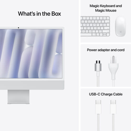 Apple | iMac | 24" | M4 10-Core CPU, 10-Core GPU | 24GB | 512GB | MAGIC MOUSE | MAGIC KEYBOARD | STANDARD GLASS | macOS | SILVER