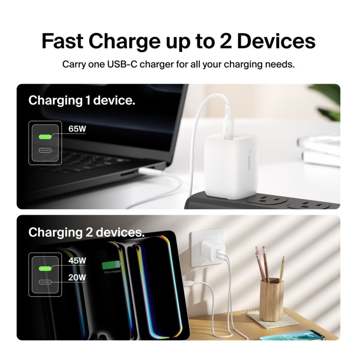 Belkin BOOST↑ CHARGE 65w USB-C Dual Port PD GaN  Wall Charger