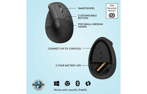 Logitech Lift Vertical Ergonomic Wireless Mouse - Graphite