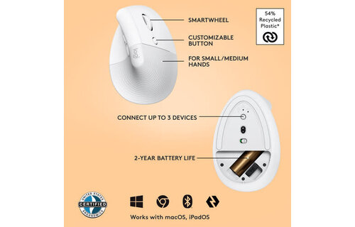 Logitech Lift Vertical Ergonomic Wireless Mouse - Off White