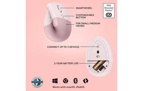 Logitech Lift Vertical Ergonomic Wireless Mouse - Rose