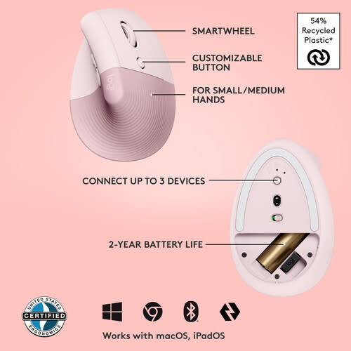 Logitech Lift Vertical Ergonomic Wireless Mouse - Rose
