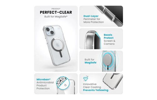 Speck Presidio Perfect Clear Case with MagSafe for iPhone 16e/15/14/13 - Clear/Chrome