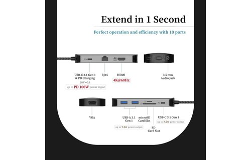 Adam Elements CASA Hub X 10-in-1 USB-C Hub - Ethernet, HDMI, USB3, USB-A 3.1 x 2, VGA, SD/Micro SD Reader