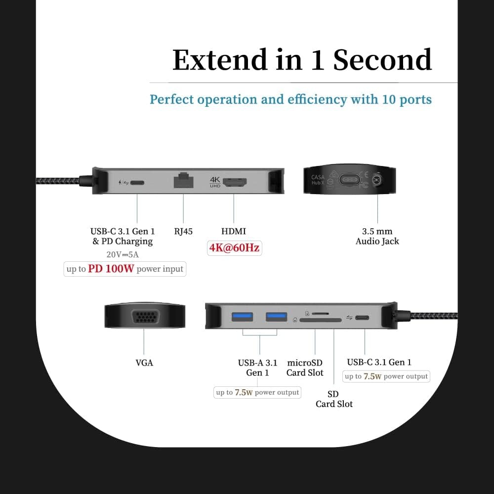 Adam Elements CASA Hub X 10-in-1 USB-C Hub - Ethernet, HDMI, USB3, USB-A 3.1 x 2, VGA, SD/Micro SD Reader