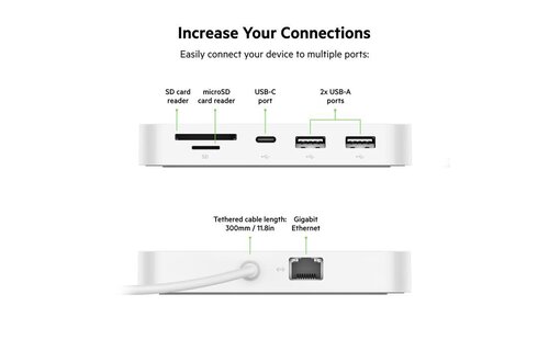 Belkin Connect USB-C 6-in-1 Multiport Hub with Mount w/ 2 x USB-A, 1 USB-C, 1 x MicroSD, 1 x Gigabit Ethernet