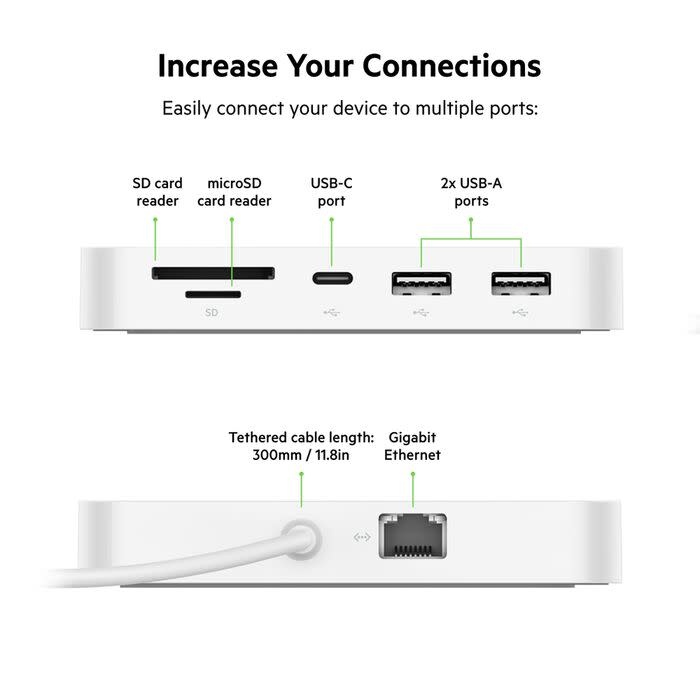 Belkin Connect USB-C 6-in-1 Multiport Hub with Mount w/ 2 x USB-A, 1 USB-C, 1 x MicroSD, 1 x Gigabit Ethernet