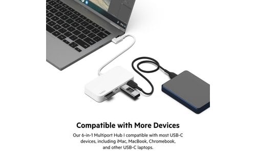 Belkin Connect USB-C 6-in-1 Multiport Hub with Mount w/ 2 x USB-A, 1 USB-C, 1 x MicroSD, 1 x Gigabit Ethernet
