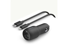 Belkin BOOST CHARGE Car Charger 37w Dual Port (1 x 20w USB-C, 1 x 12w USB-A) + USB-C Cable w/Lightning Cable WSL