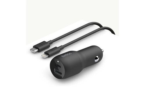 Belkin BOOST CHARGE Car Charger 37w Dual Port (1 x 20w USB-C, 1 x 12w USB-A) + USB-C Cable w/Lightning Cable WSL