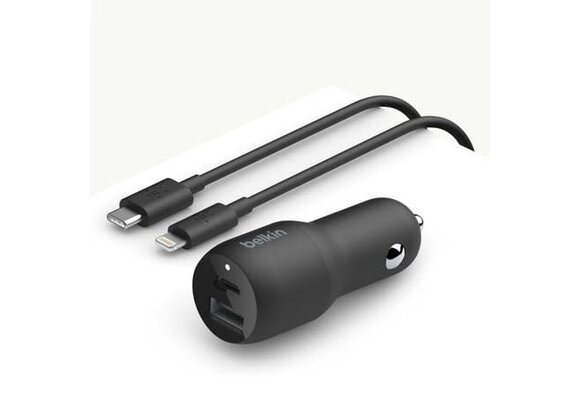 Belkin BOOST CHARGE Car Charger 37w Dual Port (1 x 20w USB-C, 1 x 12w USB-A) + USB-C Cable w/Lightning Cable WSL