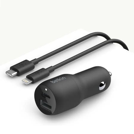 Belkin BOOST CHARGE Car Charger 37w Dual Port (1 x 20w USB-C, 1 x 12w USB-A) + USB-C Cable w/Lightning Cable WSL
