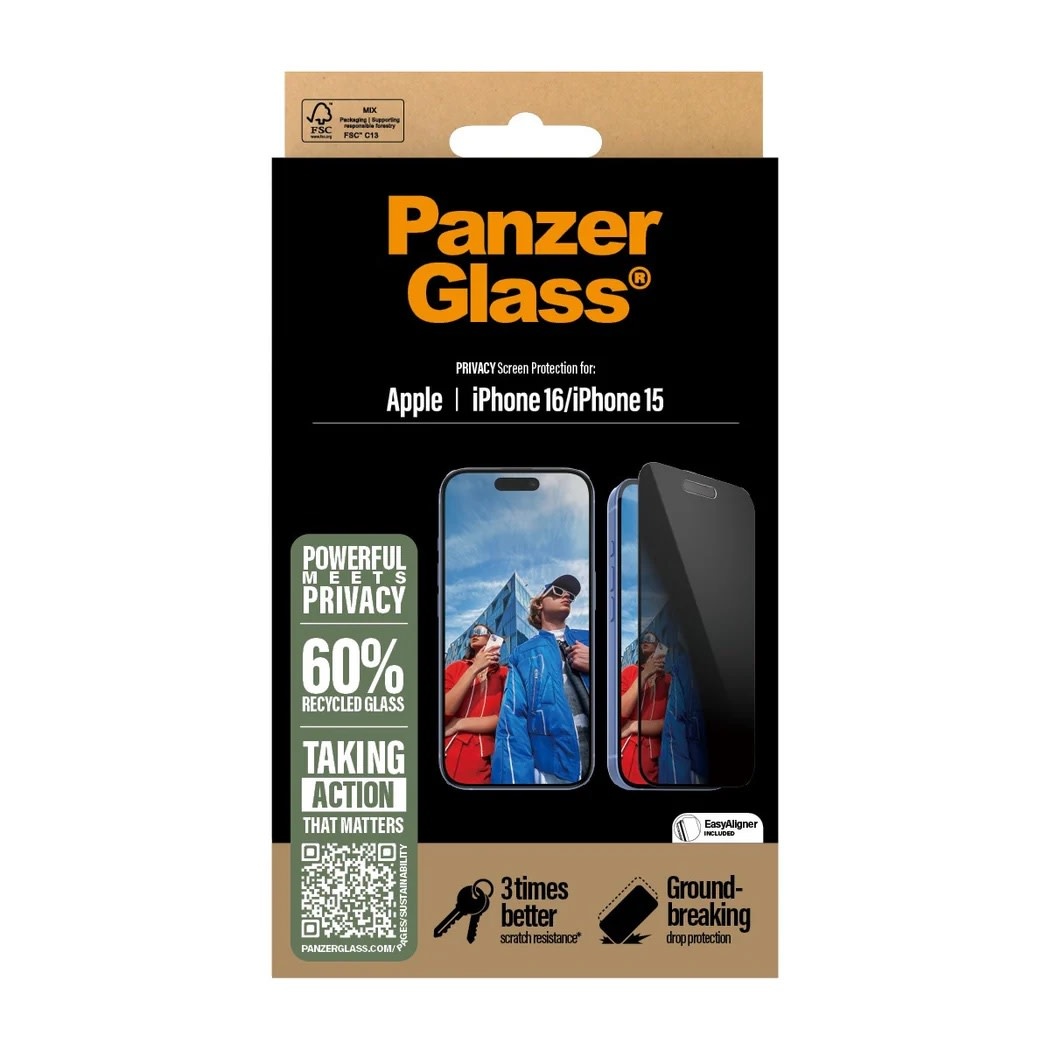 PanzerGlass® Privacy Screen Protector for iPhone 16 |15 Ultra Wide Fit w. Aligner